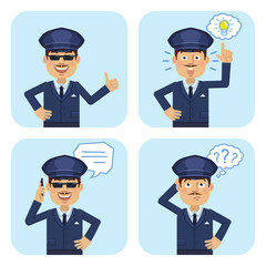 Set of chauffeur characters posing in different situations. Cheerful driver showing thumb up gesture, pointing up, talking on the phone, thinking. Flat style vector illustration
