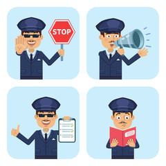 Set of chauffeur characters posing in different situations. Cheerful driver holding stop sign, loudspeaker, clipboard, reading a book. Flat style vector illustration