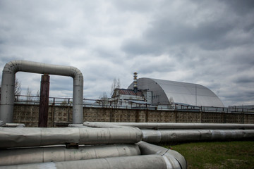  View of the destroyed Reactor 4 and the Memorial for the Chernobyl liquidators, Chernobyl...