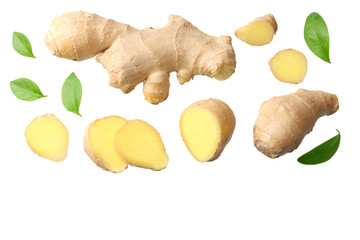 sliced ginger with leaves isolated on white background top view