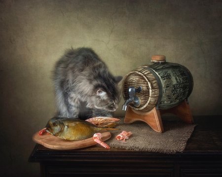 Still life with smoked fish and hungry kitty