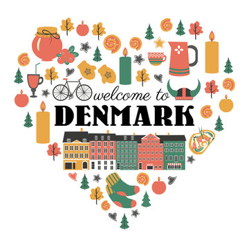 Danish symbols set in heart shape with traditional food, travel icons vector illustration isolated, Nordic country landmark Copenhagen City Hall, candles, food, sweet, tableware, clothing for design