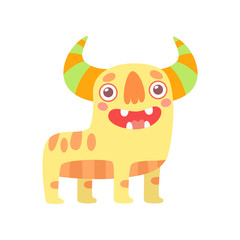 Cute Friendly Monster, Funny Horned Alien Cartoon  Character Vector Illustration