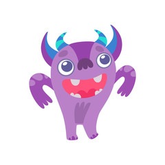 Cute Horned Monster, Funny Purple Alien Cartoon Character Vector Illustration