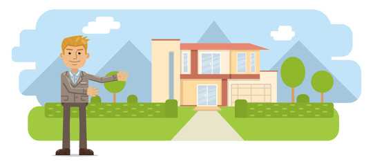Illustration of a real estate agent. Cheerful businessman standing in front of a house. Realtor isolated on landscape background. Flat style vector illustration