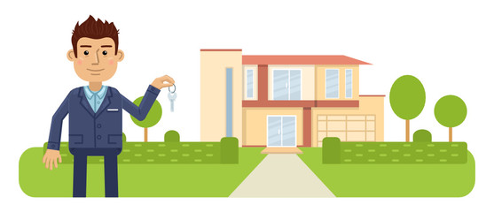 Illustration of a real estate agent. Cheerful businessman standing in front of a house. Realtor isolated on landscape background. Flat style vector illustration