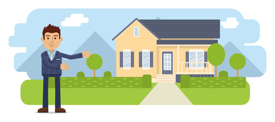 Obraz na płótnie Canvas Illustration of a real estate agent. Cheerful businessman standing in front of a house. Realtor isolated on landscape background. Flat style vector illustration