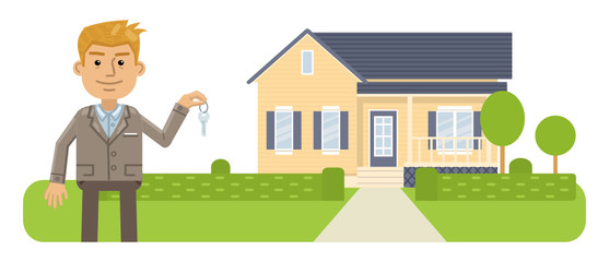 Obraz na płótnie Canvas Illustration of a real estate agent. Cheerful businessman standing in front of a house. Realtor isolated on landscape background. Flat style vector illustration