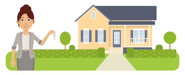 Obraz na płótnie Canvas Illustration of a real estate agent. Cheerful businesswoman standing in front of a house. Realtor isolated on landscape background. Simple style vector illustration