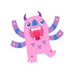 Cute Pink Toothy Monster with Big Mouth, Funny Alien Cartoon Character Fantastic Creature Vector Illustration
