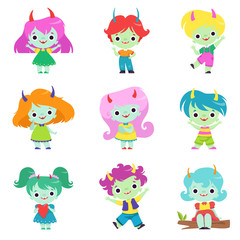 Cute Horned Trolls Boys and Girls Set, Adorable Smiling Fantasy Creatures Characters with Colored Hair Vector Illustration