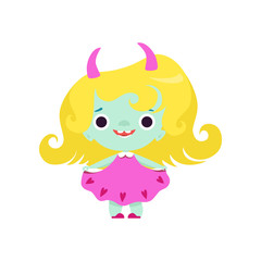 Cute Horned Troll Girl, Adorable Smiling Fantasy Creature Character with Yellow Hair Vector Illustration