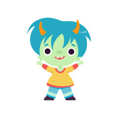 Smiling Horned Troll Boy, Cute Fantasy Creature Character with Blue Hair Vector Illustration