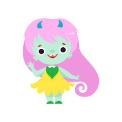 Cute Smiling Horned Troll Girl, Happy Fantasy Creature Character with Long Pink Hair Vector Illustration
