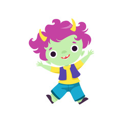 Happy Horned Troll Boy, Cute Smiling Fantasy Creature Character with Purple Hair Vector Illustration