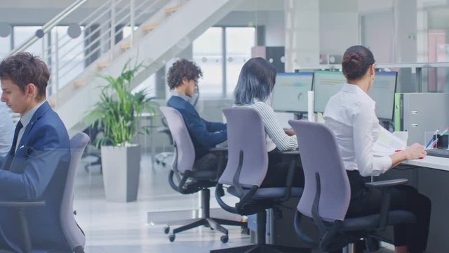 Diverse Team of Business Managers and Specialists Work on Desktop Computers with Two Rows of Tables Side by Side. Young and Motivated Business people in Modern Open Office.
