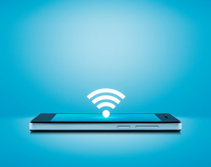 wi-fi button flat icon on modern smart mobile phone screen over gradient light blue background, Technology internet online concept