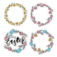 Easter frame with easter eggs hand drawn black on white background. Decorative frame from eggs. Easter eggs with colorful leaves and watercolor dot set