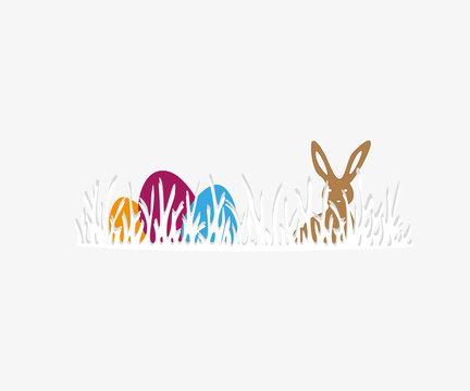 Happy Easter greeting card. Vector illustration Bunny and eggs