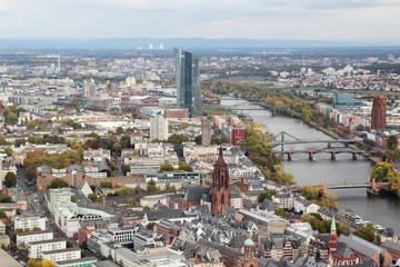 Fototapeta premium Panoramic view from observation point from Main Tower to Frankfurt and suburbans, Germany