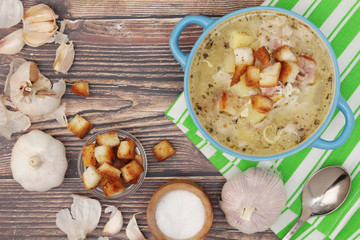 A bowl with traditional Czech garlic soup cesnecka