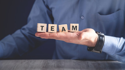 Businessman with wooden cubes. Team