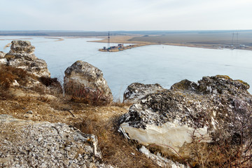 The chalk cliffs on the coast of the frozen pond. Lisogorka, Rostov-on-Don region, Russia