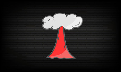 Painted glass icon of mushroom of atomic explosion on background of brick wall. Roadside banner