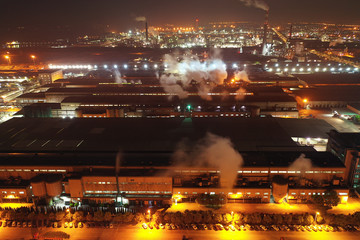 A busy industrial park with bright lights