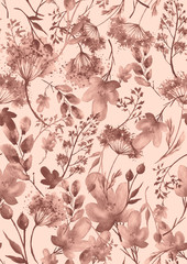 Watercolor seamless pattern, background with a floral pattern. Beautiful vintage drawings of plants, flowers,willow branch, berry, branches, grass,chamomile. botanical illustration. Pink paint splash