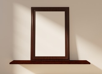 An empty frame on a wooden shelf with white background. Mock up for images, photos, lettering. 3D rendering.