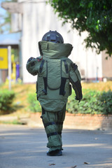 back side of EOD The explosive ordnance disposal suit (bomb suit)
