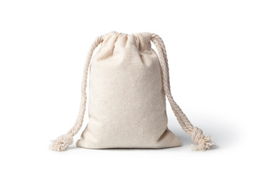 Empty linen bag isolated on white background.
