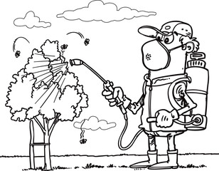 Farmer sprays pesticide. Vector illustration