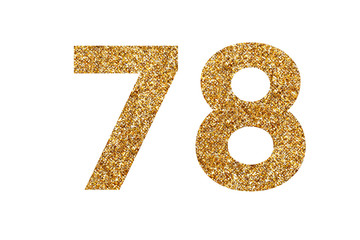Number 8 and 7. Letters and Numbers from golden grains of sand. English alphabet. Isolated on white background.
