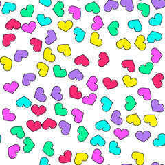 Colorful heart seamless pattern on white background. Paper print design. Abstract retro vector illustration. Trendy textile, fabric, wrapping. Modern space decoration.