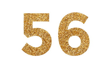 Number 5 and 6. Letters and Numbers from golden grains of sand. English alphabet. Isolated on white...