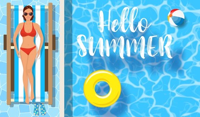 Woman sunbathing near the swimming pool. Summer vacation concept. Top view of young girl. Vector illustration in flat style