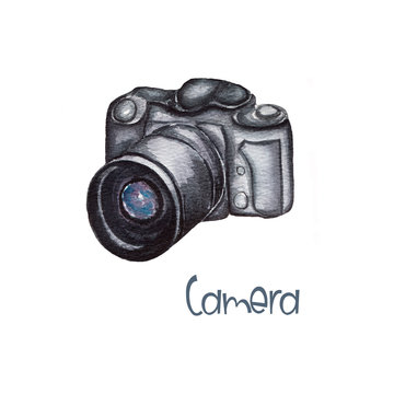 Hand painted watercolor camera isolated on white background.