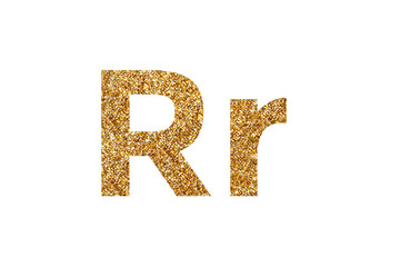 Character R. Letters and Numbers from golden grains of sand. English alphabet. Isolated on white background.