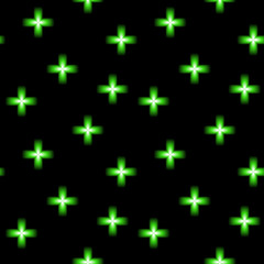 Green neon glowing cross, modern pharmacy symbol, seamless vector background.