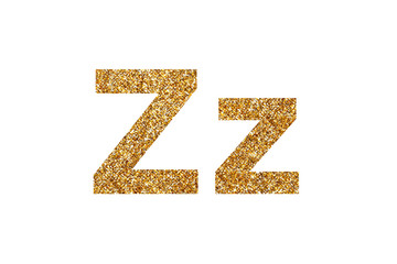 Character Z. Letters and Numbers from golden grains of sand. English alphabet. Isolated on white background.