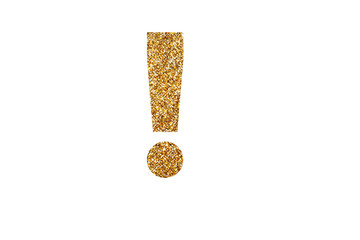 Exclamation mark. Letters and Numbers from golden grains of sand. English alphabet. Isolated on white background.