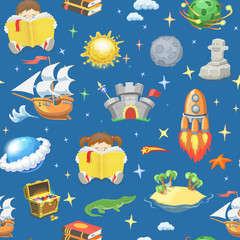 Reading book, imagination background with stars, sailing ship, desert island, planets flying rocket, castle, treasure chest seamless