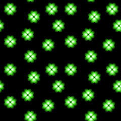 Green neon clover, luck symbol, floral vector seamless background