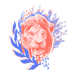 Male lion head decorated with abstract leaves and bushes.