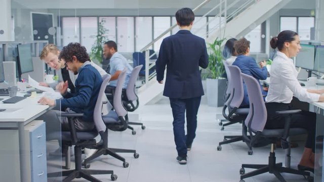 Diverse Team of Business Managers and Specialists Work on Desktop Computers with Two Rows of Tables Side by Side. Young and Motivated Business people in Modern Open Office.