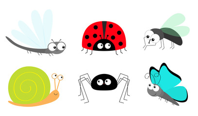 Lady bug ladybird Fly Housefly Spider Butterfly Dragonfly Snail insect icon set. Baby kids collection. Cute cartoon kawaii funny character. Smiling face. Flat design. White background.