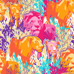 Seamless pattern of lion pride among the grass and bushes