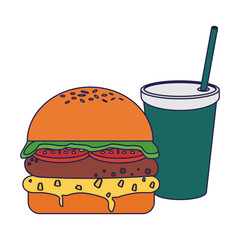 fast food hamburger and soda cup blue lines